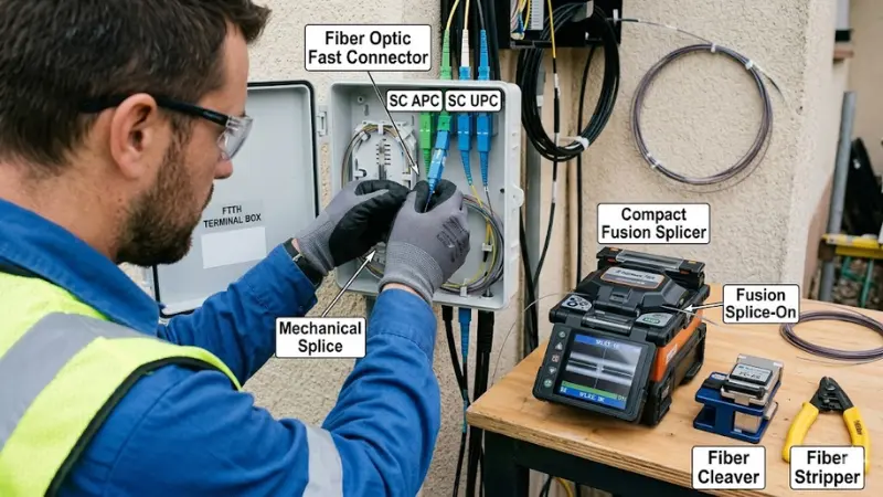 Fiber optic fast connector field installation comparing mechanical splice and fusion splice-on connector methods