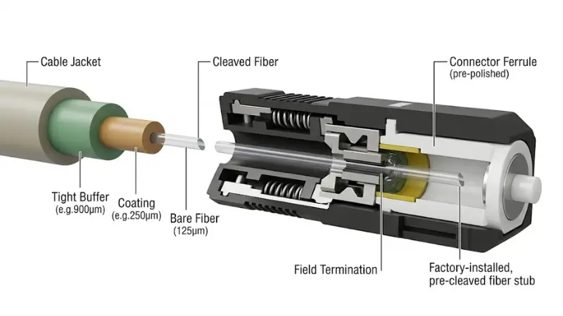 Cutaway view of a fiber optic fast connector showing field termination parts and cleaved fiber insertion