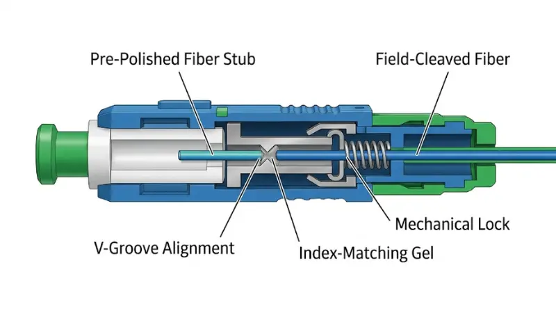Mechanical splice fiber optic fast connector cutaway showing V-groove alignment and index-matching gel Mechanical splice fiber optic fast connector cutaway showing V-groove alignment and index-matching gel