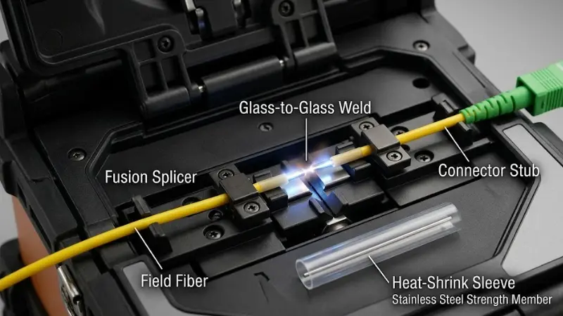 Fusion splice-on fiber optic connector installed with a fusion splicer and heat-shrink protection sleeve Fusion splice-on fiber optic connector installed with a fusion splicer and heat-shrink protection sleeve