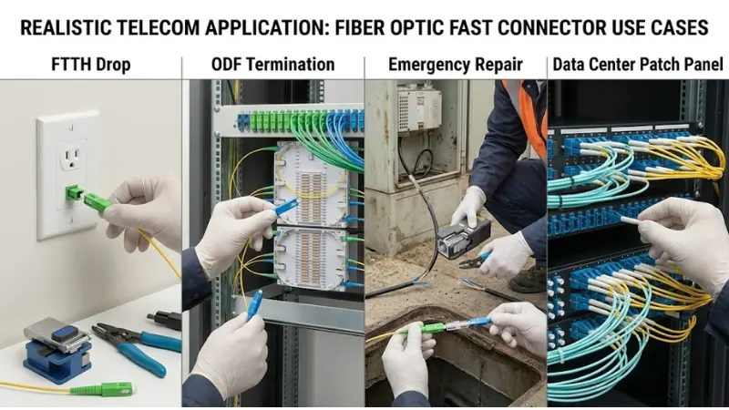 Fiber optic fast connector application scenarios including FTTH drop ODF termination emergency repair and data center patch panel Fiber optic fast connector application scenarios including FTTH drop ODF termination emergency repair and data center patch panel