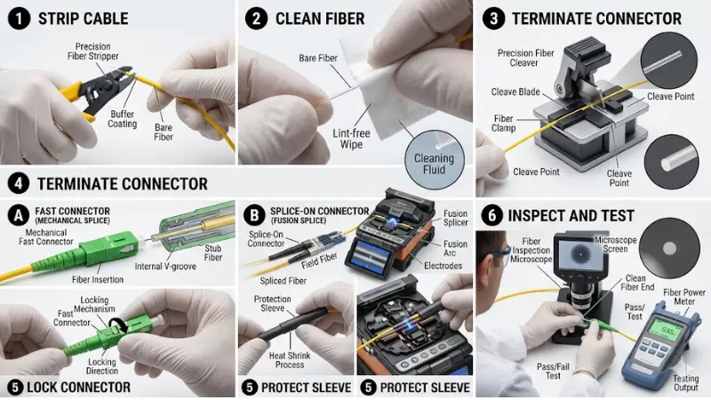 Step-by-step fiber optic fast connector installation process from stripping and cleaning to cleaving inspection and testing