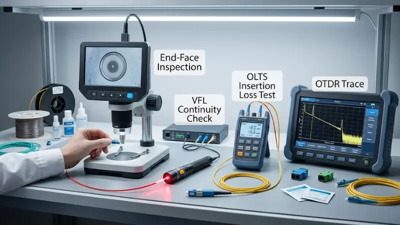 Fiber optic fast connector inspection and testing with microscope VFL OLTS and OTDR equipment Fiber optic fast connector inspection and testing with microscope VFL OLTS and OTDR equipment