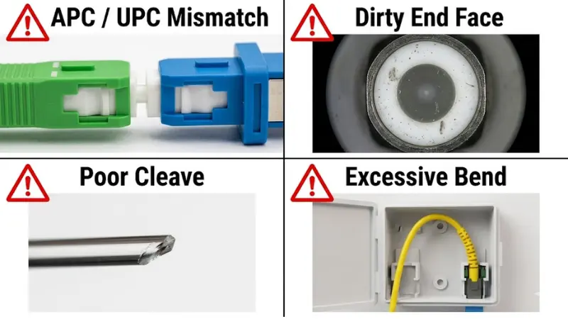 Common fiber optic fast connector installation mistakes including APC UPC mismatch dirty end face poor cleave and excessive bend Common fiber optic fast connector installation mistakes including APC UPC mismatch dirty end face poor cleave and excessive bend
