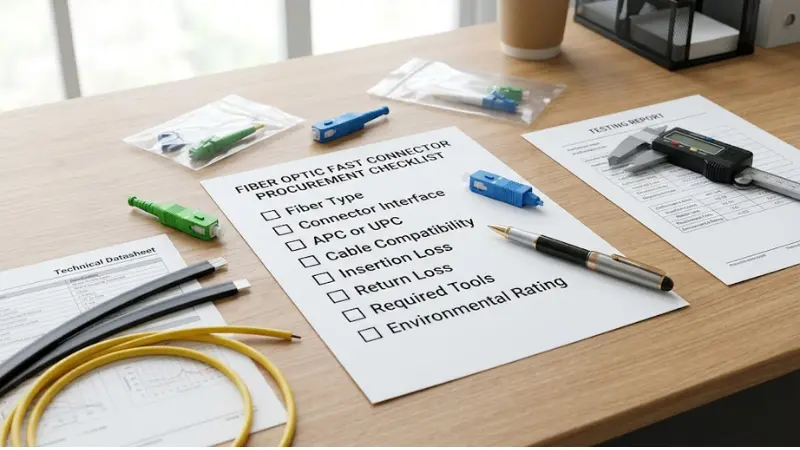 Fiber optic fast connector buying checklist covering fiber type connector interface polish type cable compatibility and loss specifications