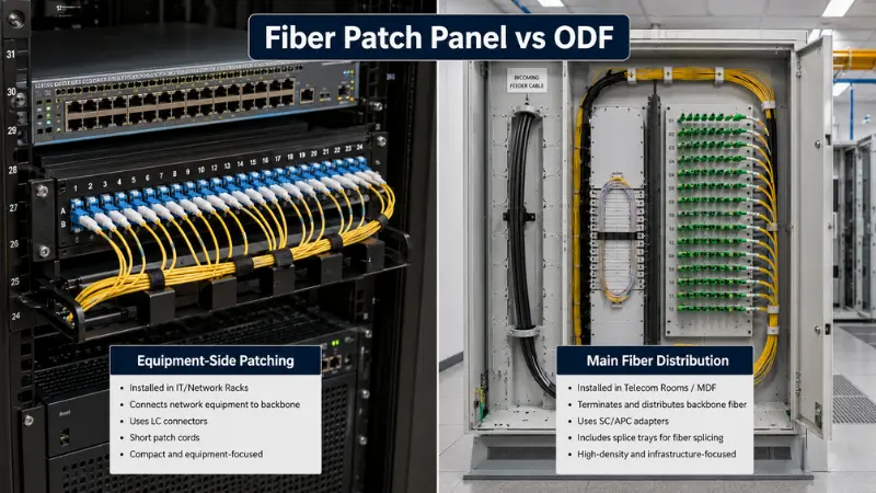 Fiber patch panel and ODF comparison showing equipment-side patching in a server rack and main fiber distribution in a telecom room.